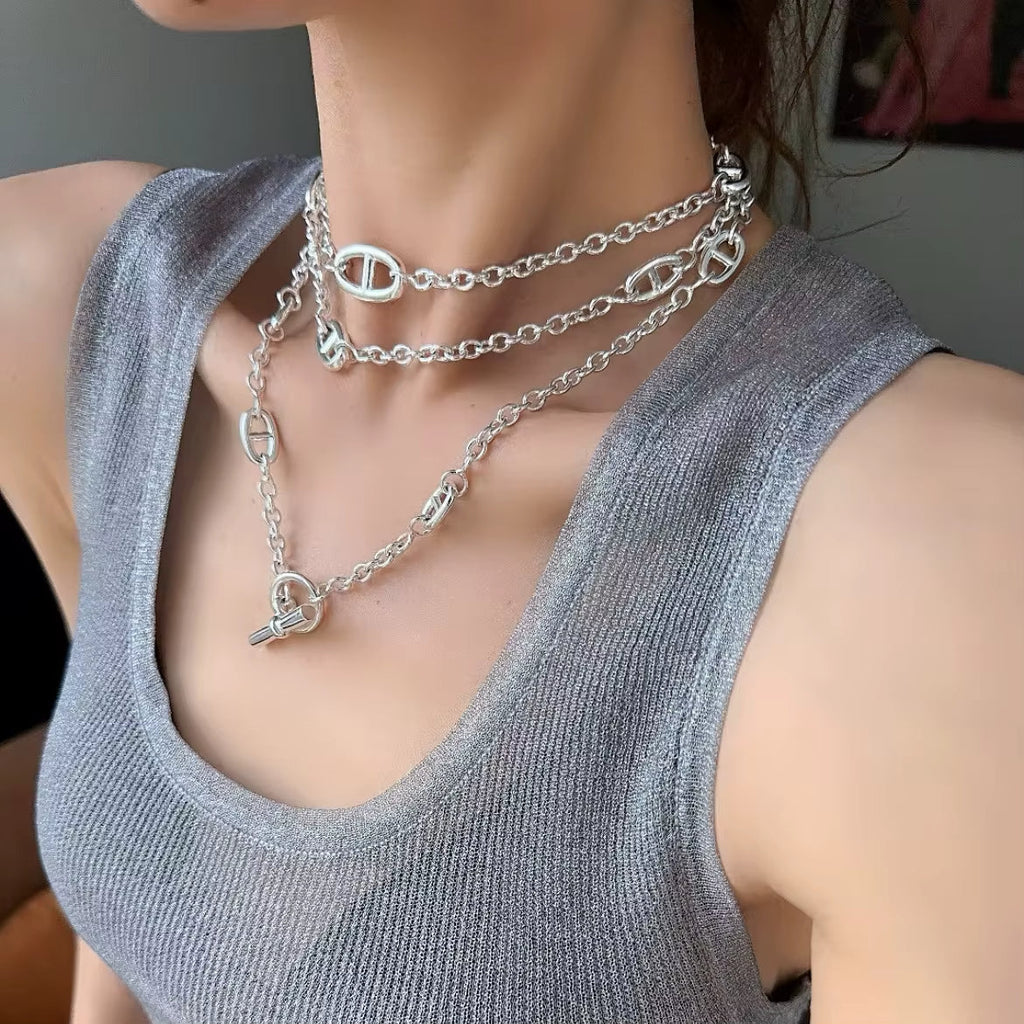 Layered Silver Chain Choker Necklace