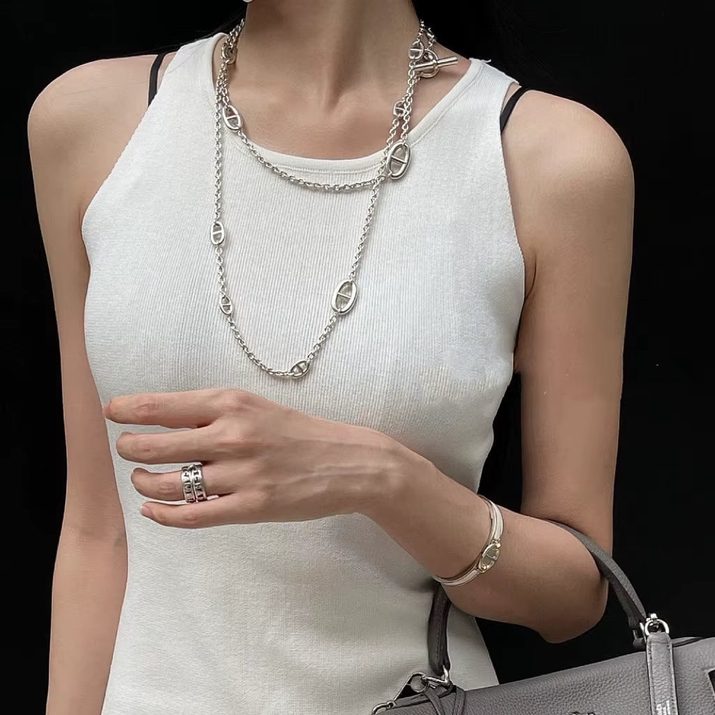 Layered Silver Chain Choker Necklace
