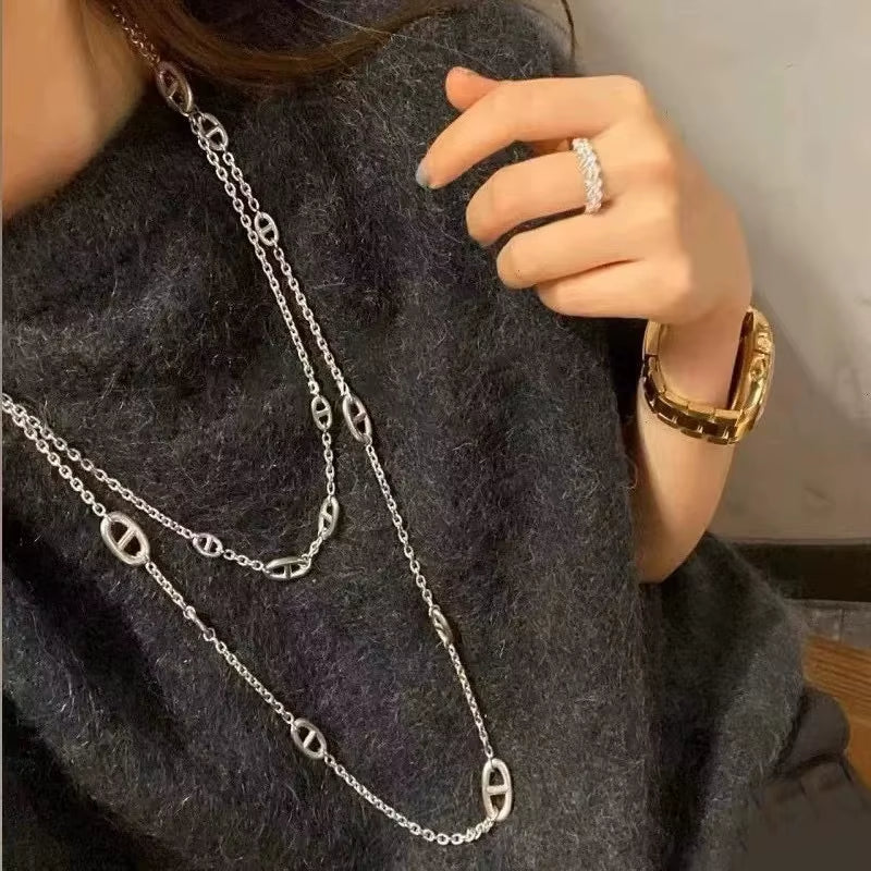 Layered Silver Chain Choker Necklace