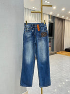 Straight Leg Denim Jeans With Leather Patch